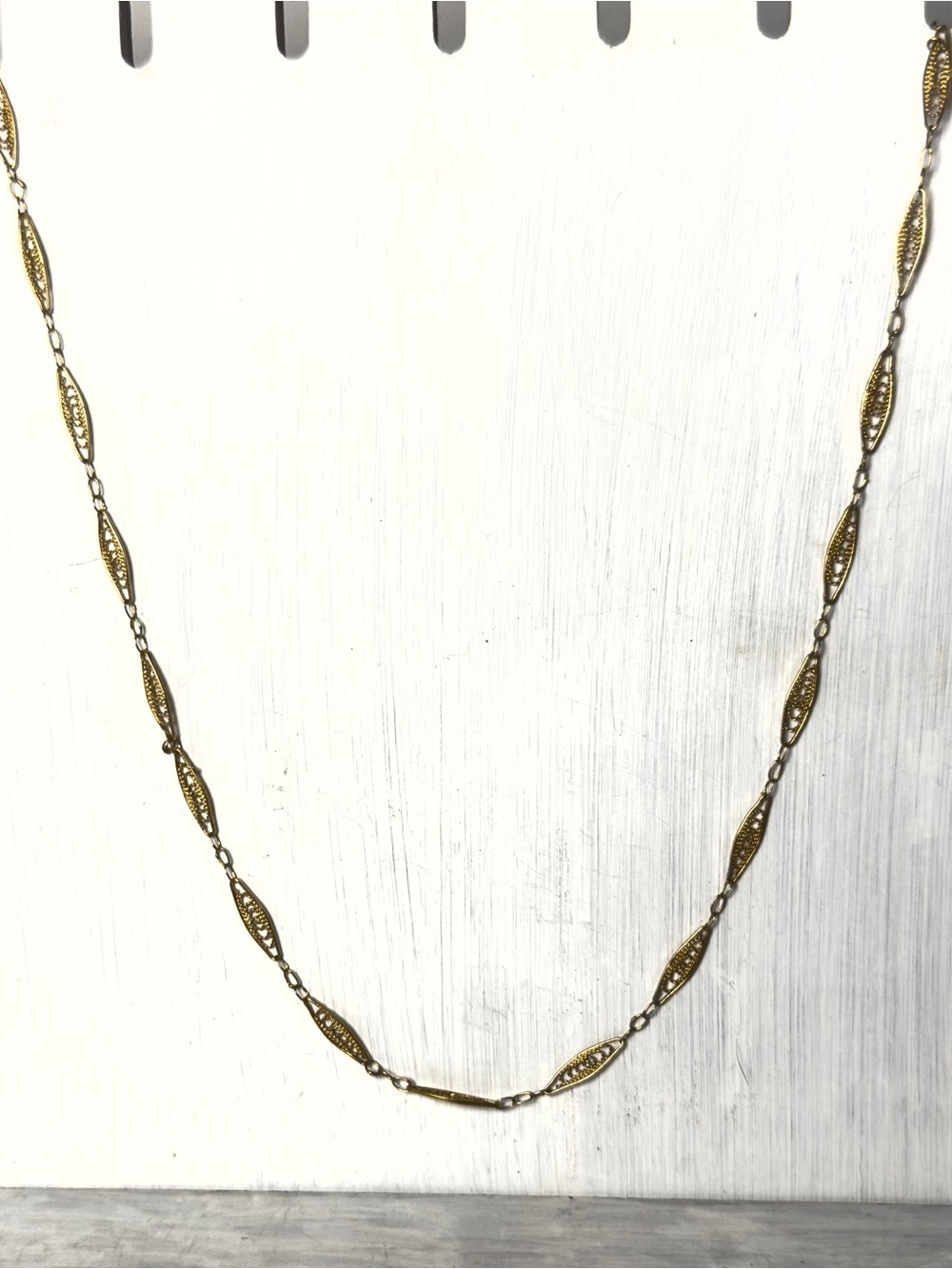 Vintage Trifari signed gold tone openwork lace eye link station necklace 24”